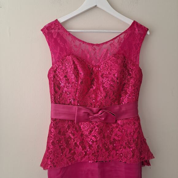 Pink Satin & Chiffon Bodycon Fishtail Bridal Guest Maxi Dress with Sequence - Picture 10 of 15